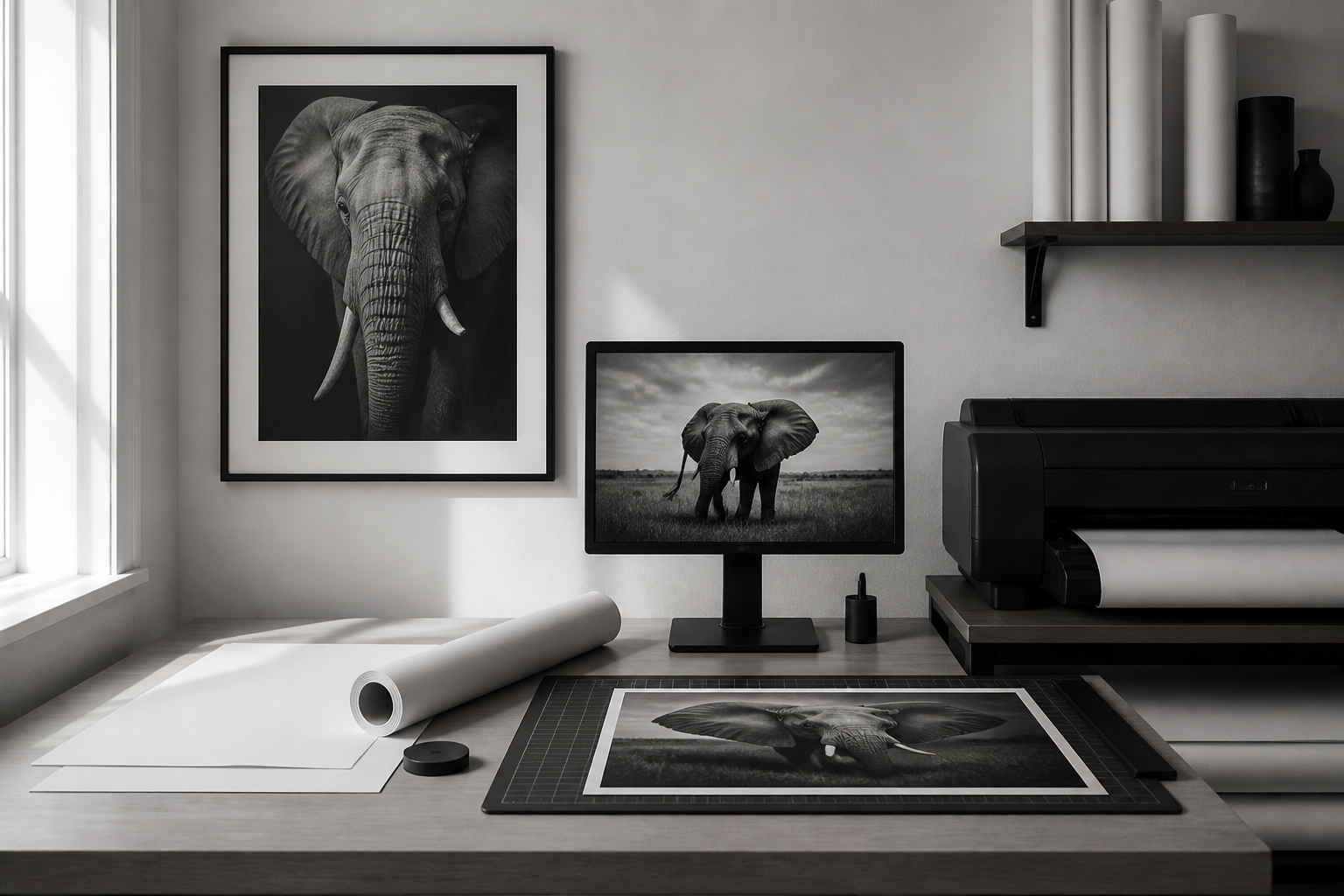 Fine art printing studio desk with Epson printer, calibrated monitor and Hahnemühle paper