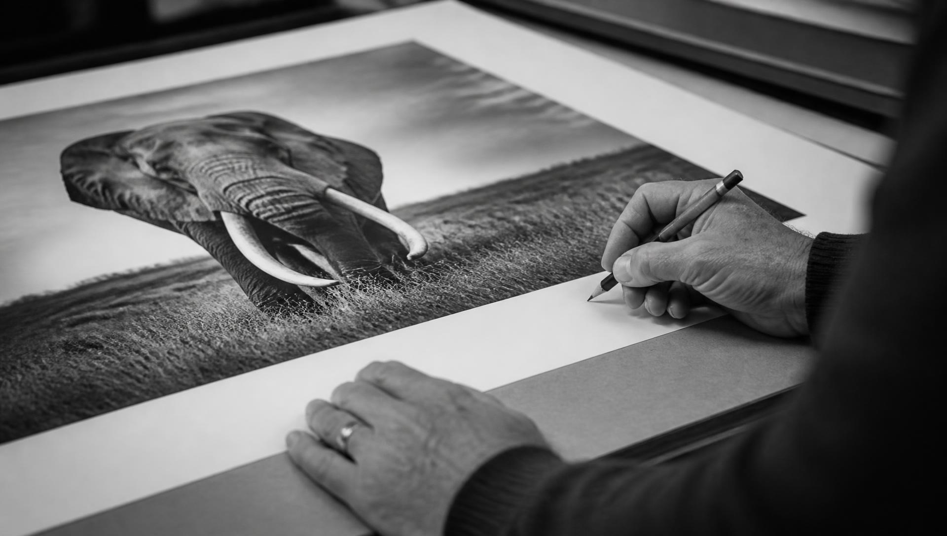 Hands signing the margin of a black and white fine art elephant print