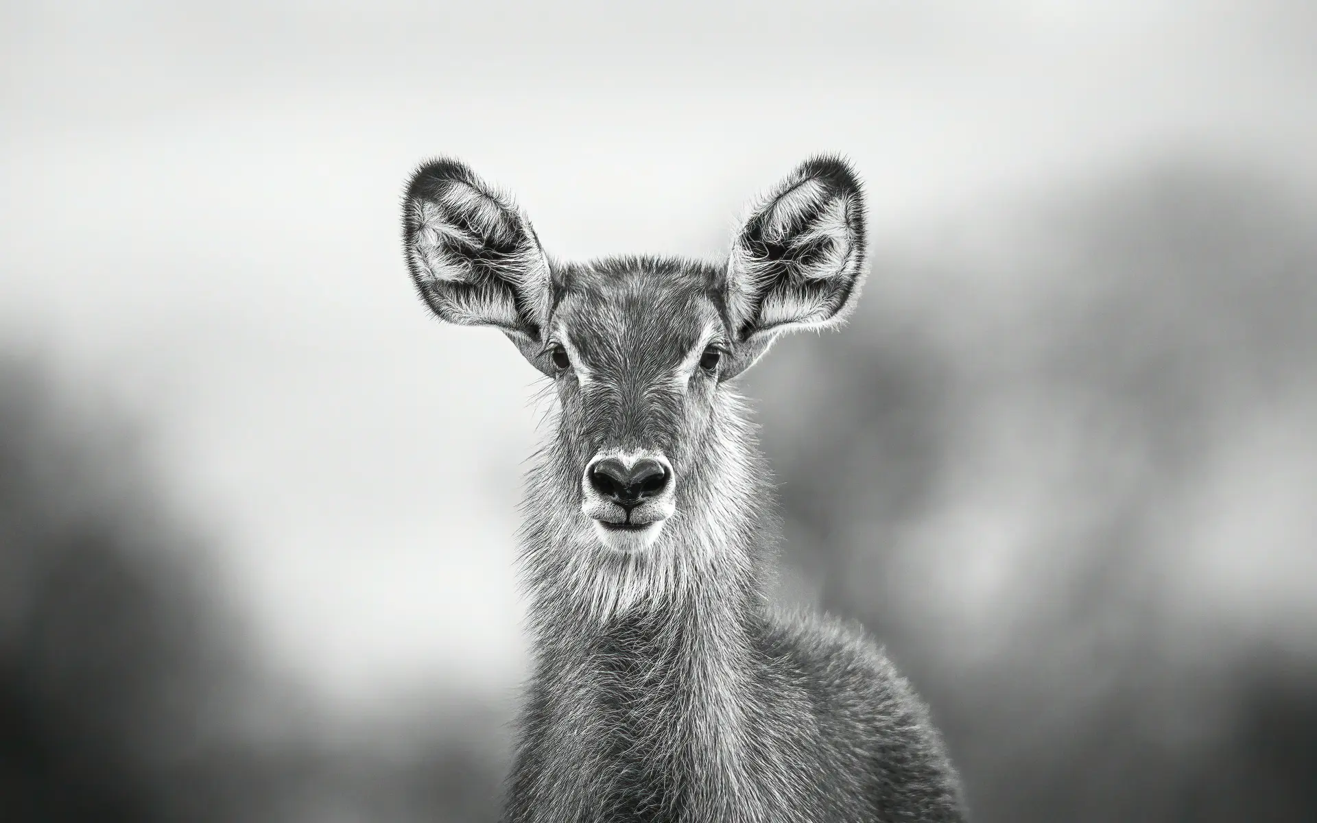 A monochrome portrait of a young waterbuck looking directly at the camera