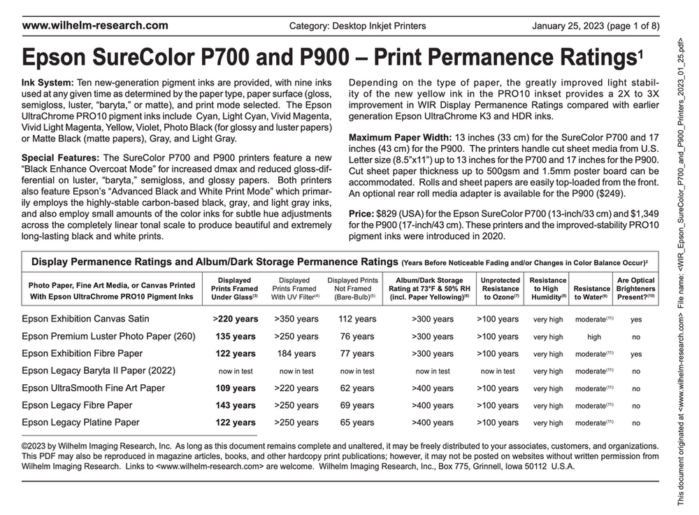 Print permanence ratings chart for pigment inks on archival papers